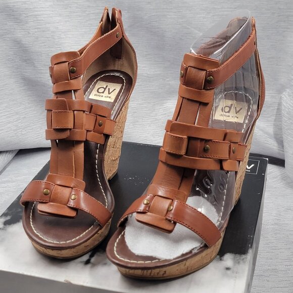 Dolce Vita Cognac Leather Cork Style Wedge Sandal - Picture 1 of 11